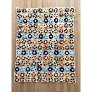 Vintage Handmade Crochet Puff Flower Granny Square Afghan Throw Blanket